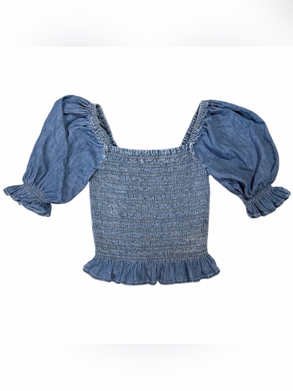 GAP Smocked Puff Sleeve Chambray Crop Top Medium Cottagecore